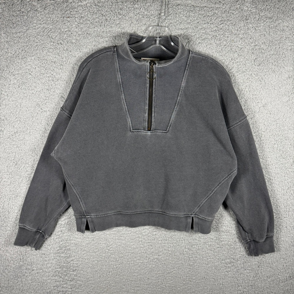 Marine Layer Women Small Charcoal Grey Faded Quarter Zip Boxy Sweatshirt Cropped